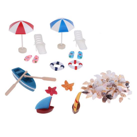 

45669 Кукольный домик Мини Лодка Солнечный зонт Ракушка Пляжный пейзаж Фотография Реквизит