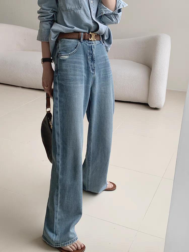

Голубые винтажные джинсы с высокой талией, женские корейские модные свободные узкие широкие брюки, уличная одежда, повседневные длинные брюки, офисные XL синий