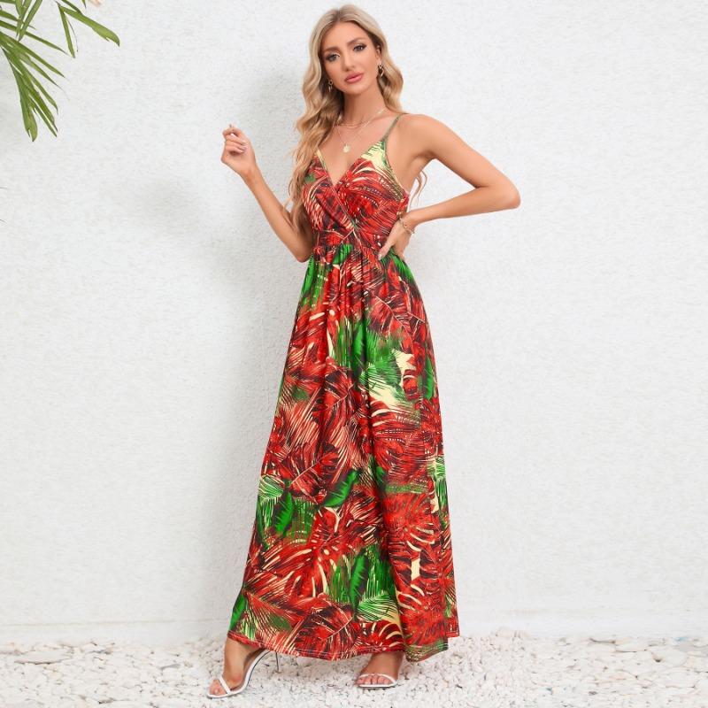 Abiti casual a vita alta con scollo a V senza maniche con stampa floreale primaverile alla moda da donna