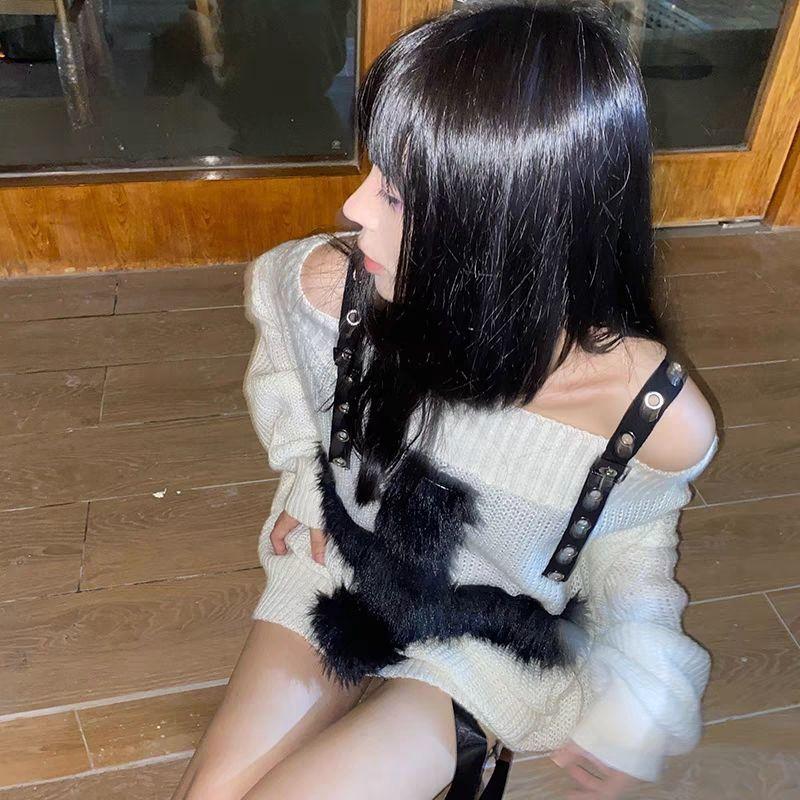 Gothic Punk Hollow Out Oversized Sweater Women Harajuku Grunge Off Shoulder Pullover Casual Knitwear Jumper Y2K E-girl