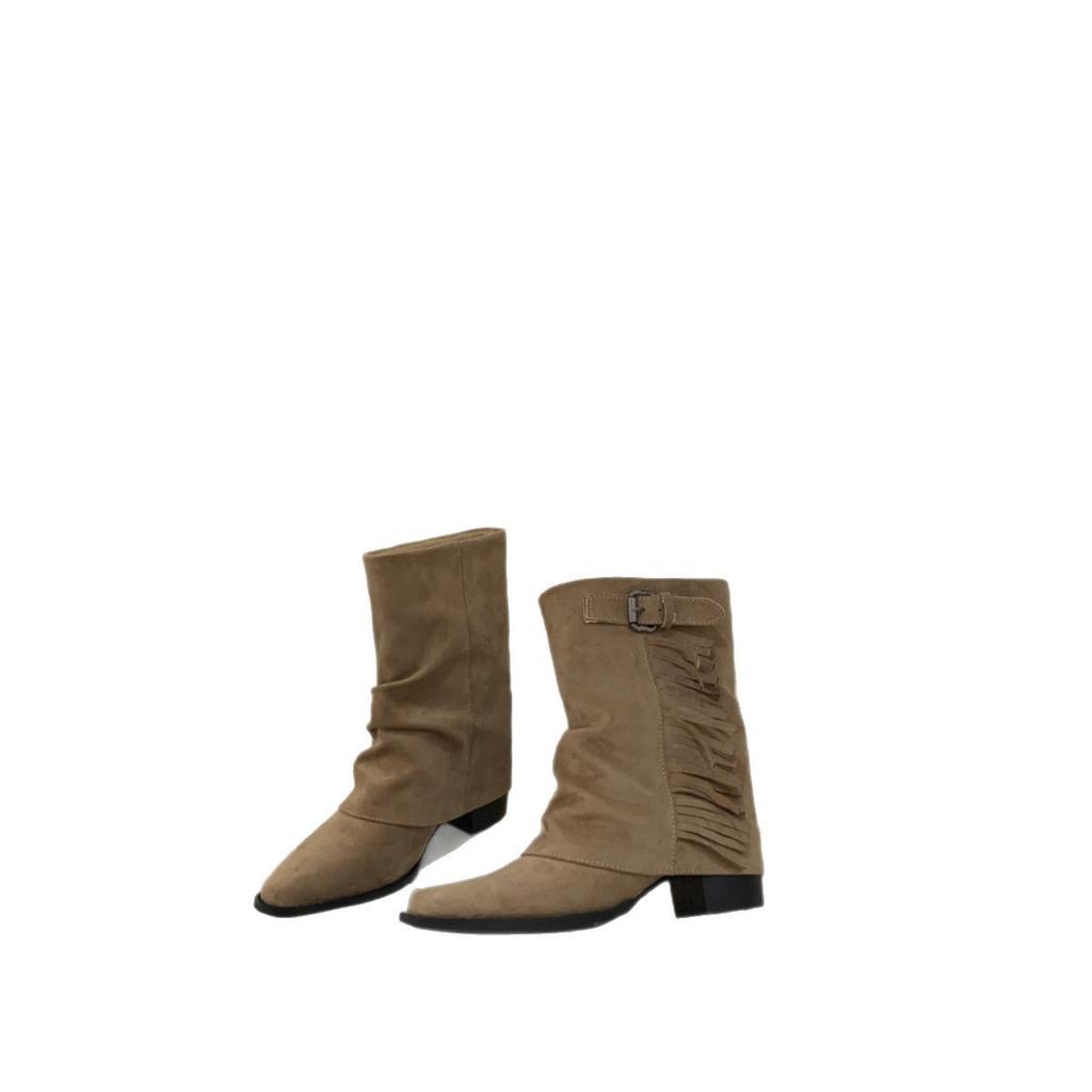 European and American retro suede fringed thick heel medium boots women's autumn and winter new niche belt buckle fashionable versatile trouser 