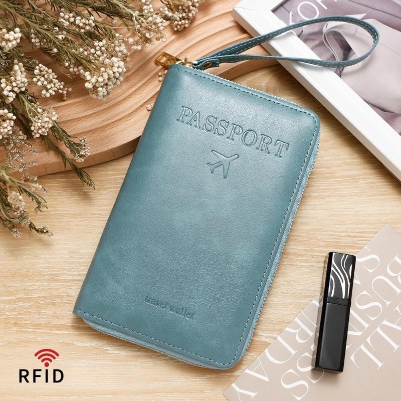 Men Women RFID Blocking Leather Passport Holder Travel Wallet Zip Around Passport Cover Document Organizer with Card Slots Wrist Strap