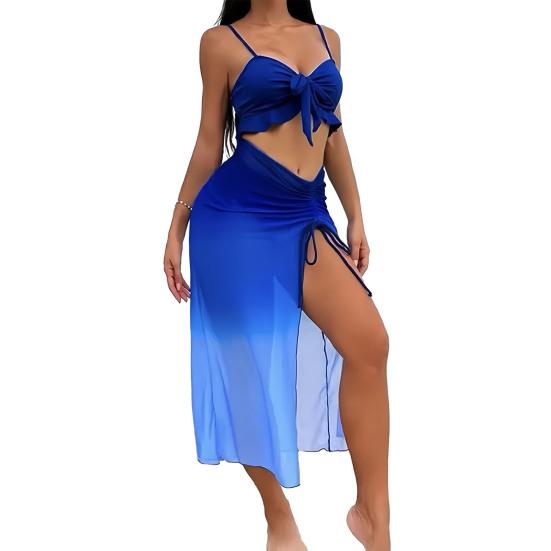 

3 шт./комплект Купальник Комплект Бант Шнуровка Оборчатый Подол Лиф-топ на бретельках Высокая талия Плавание S синий