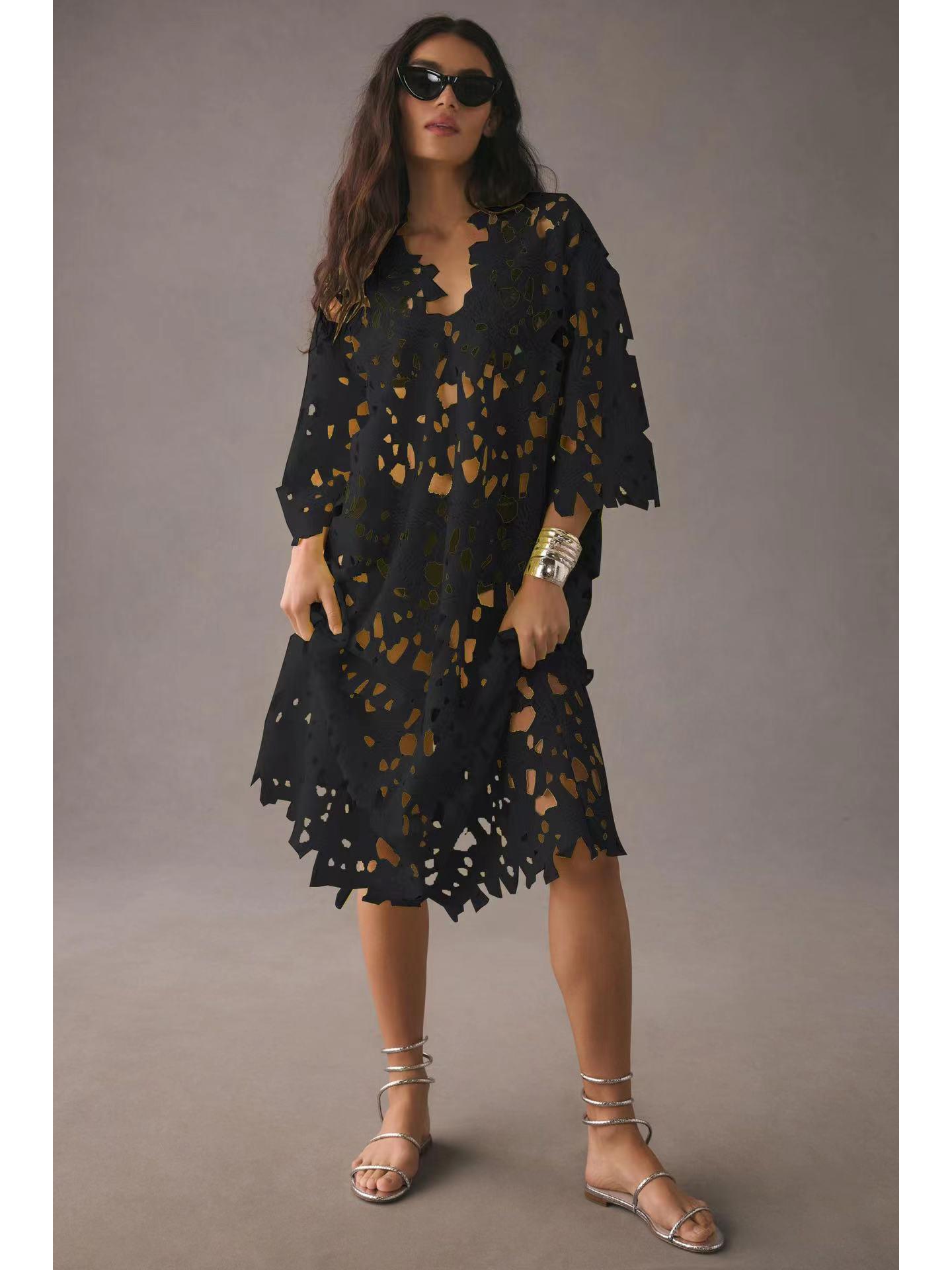 

2023 Европейская и американская свободная пляжная накидка кружевная рубашка One Size чёрный