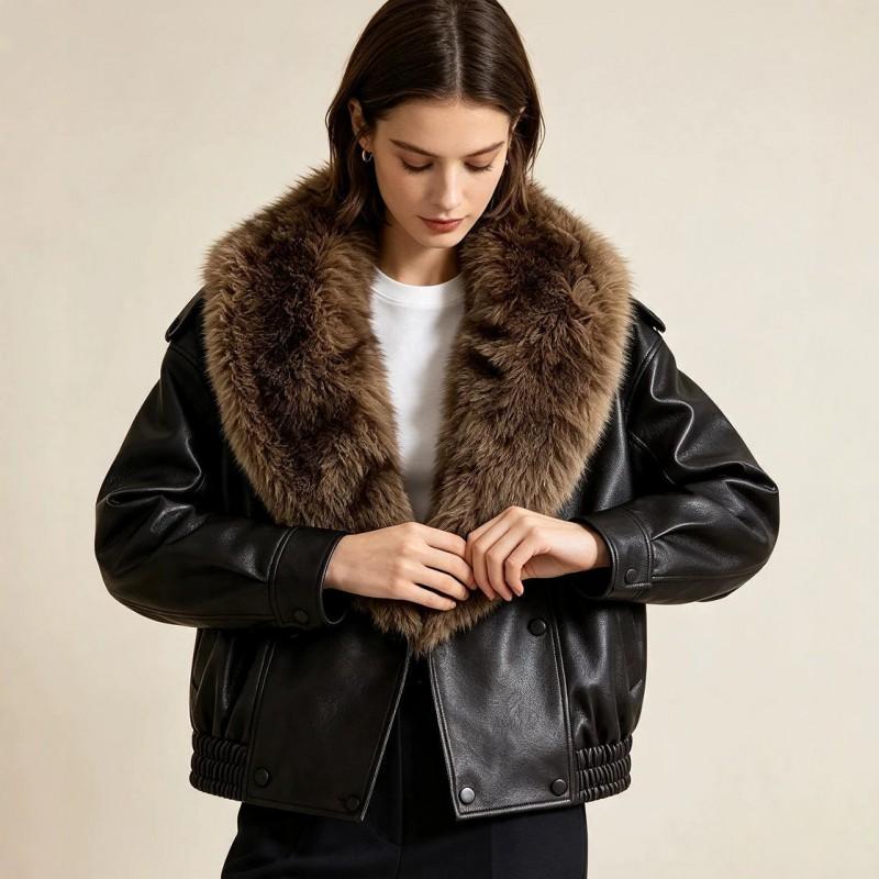 Womens Faux Leather Biker Jacket With Removable Fur Collar Streetwear Chic Outerwear