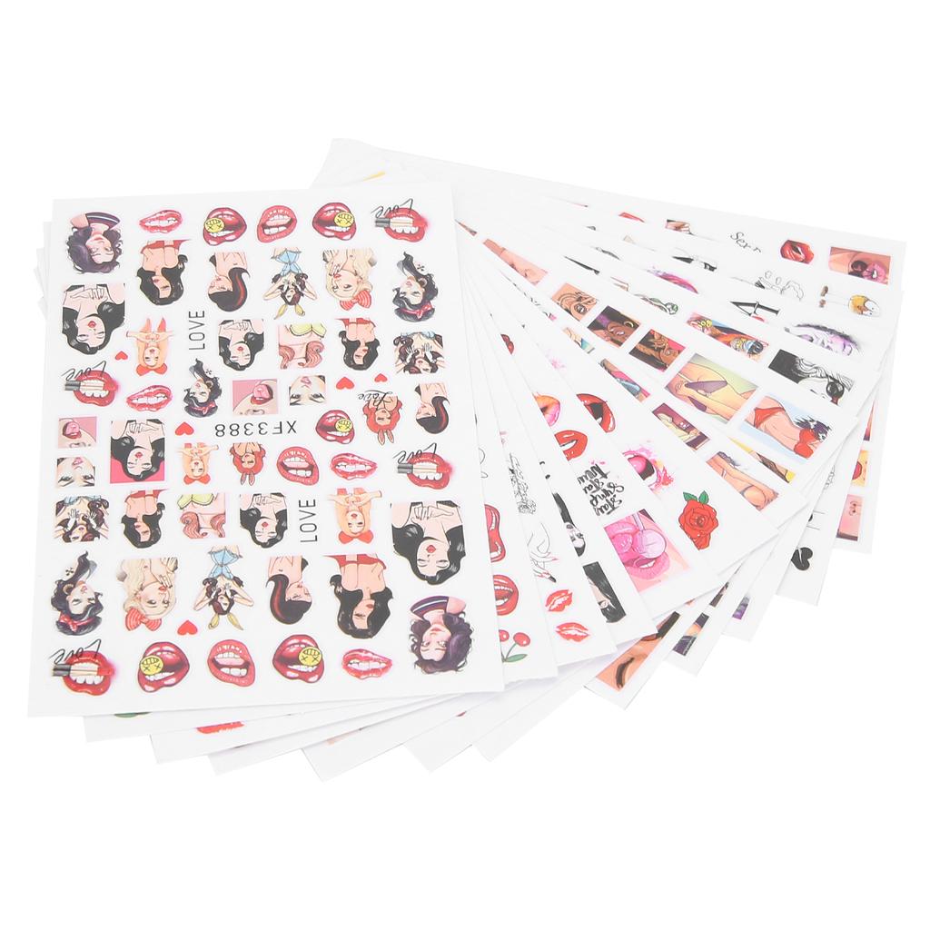 12 Sheet Lips Lady Pattern Nail Art Stickers SelfAdhesive Nail Decals Decoration
