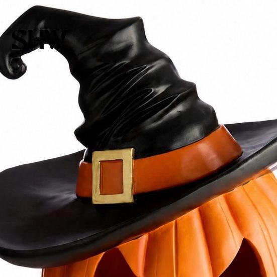 Weighted Solid Resin Figurines Halloween Pumpkin Ornament with Witch Hat, Jack O Lantern Decorative Lamp, Tabletop Figurine for Party Spooky