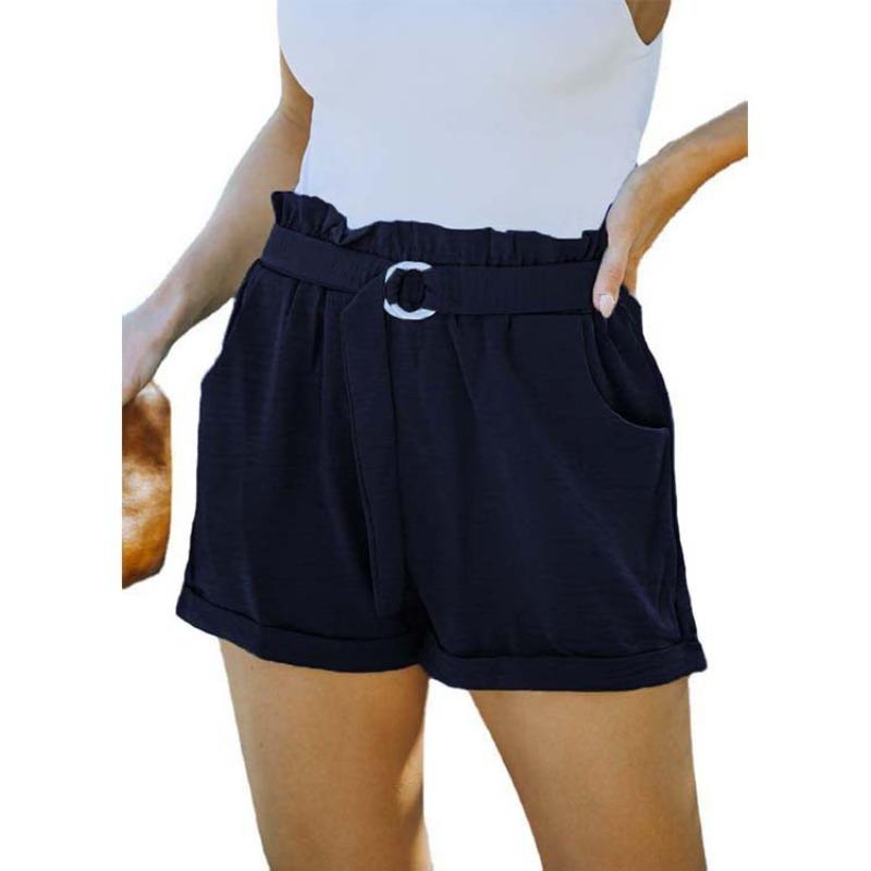 Women Summer Solid Color High Waist Loose Lace Up Pocket Casual Shorts