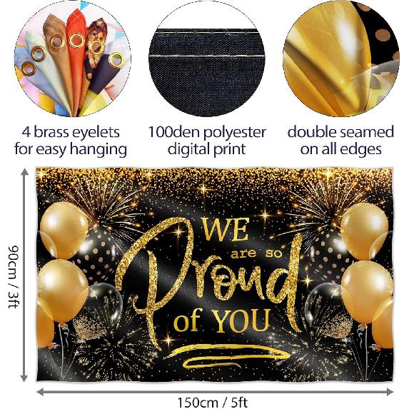 We Are So Proud of You Banner - Congratulations Banner - Congratulations Decorations - Congrats Decorations for Prom - 5ft X 3ft (Black & Gold)