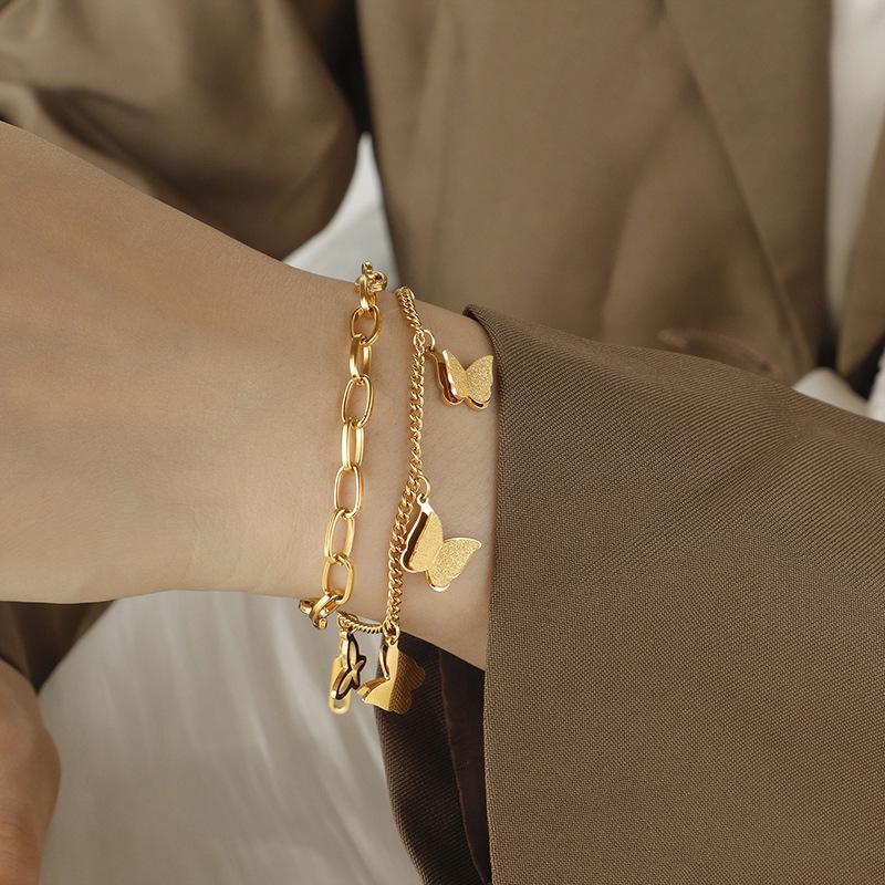 Titanium Steel Butterfly Double-Layer Bracelet: Non-Fading, Versatile Hip Hop Fashion Jewelry for Women