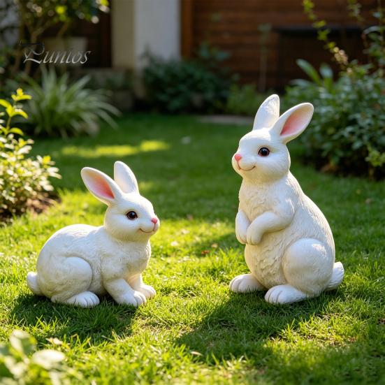 Cute Bunny Figurine 2Pcs Realistic White Rabbit Garden Statues, Weatherproof Resin Sculpture for Yard Bonsai Decoration Patio, Animal Ornament,