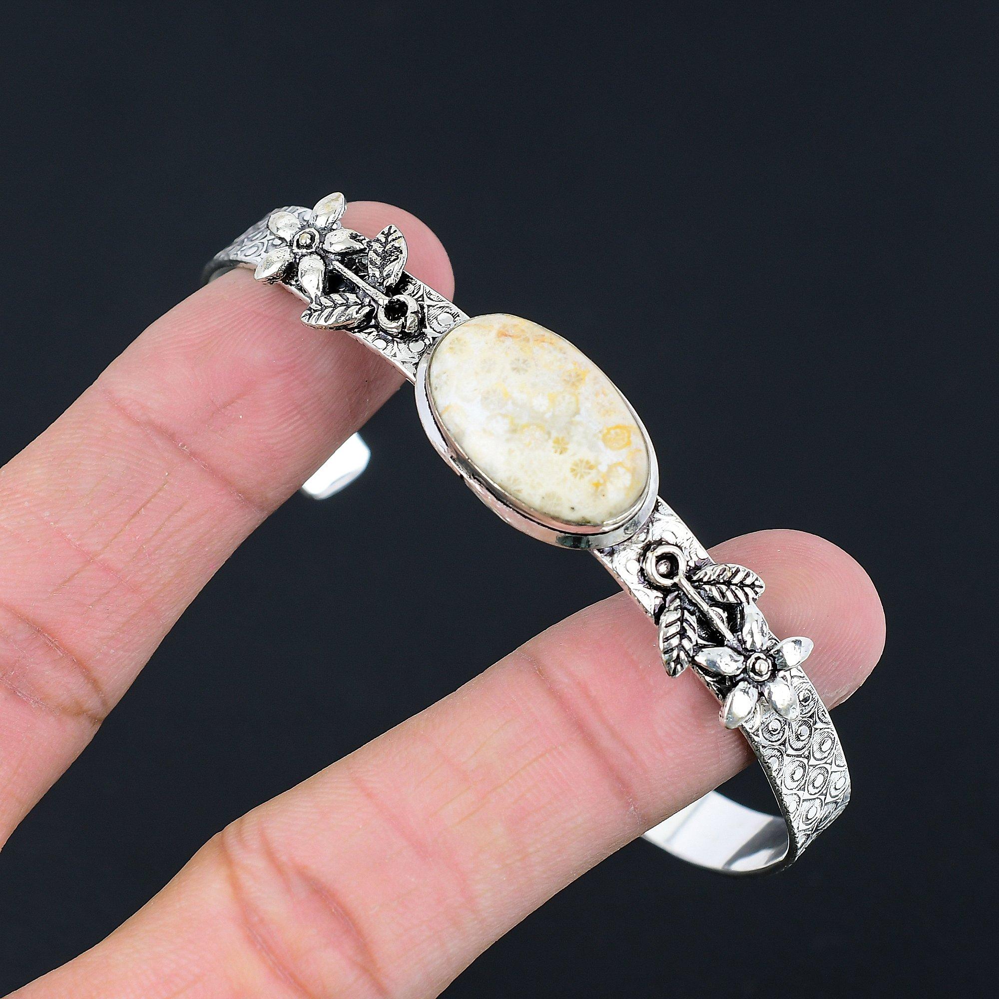 

Daughters Day Deal Oval Fossil Coral Gemstone Flower Bangle Jewelry 925 Silver Adjustable
