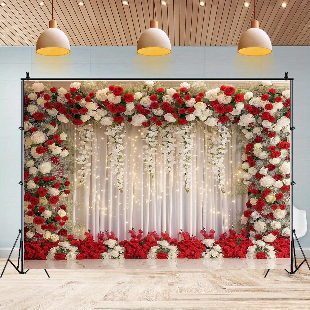 Bannière de fond de mariage sur le thème des fleurs de roses rouges et blanches, décoration de mariée sans électricité, pour l'intérieur et l'extérieur