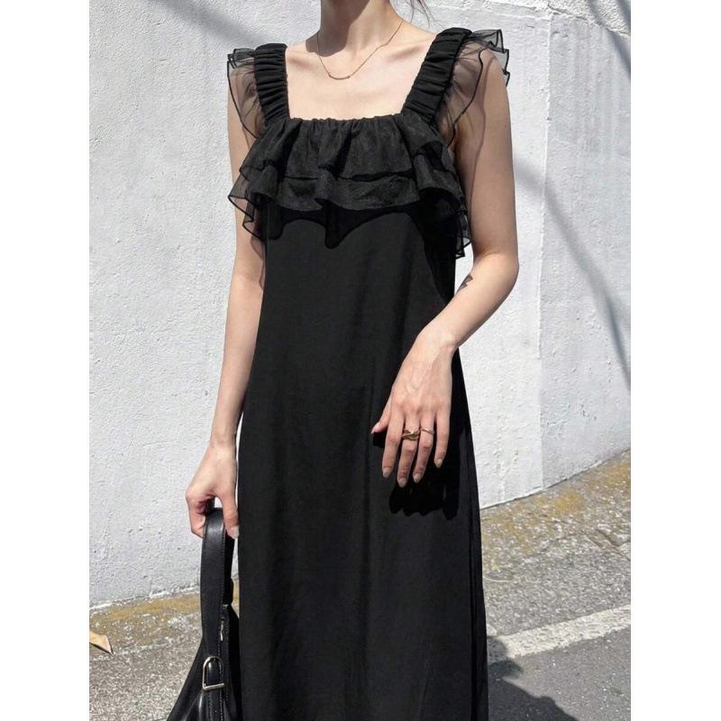 European summer new mesh splicing fungus edge splicing waist sleeveless square neck dress women S