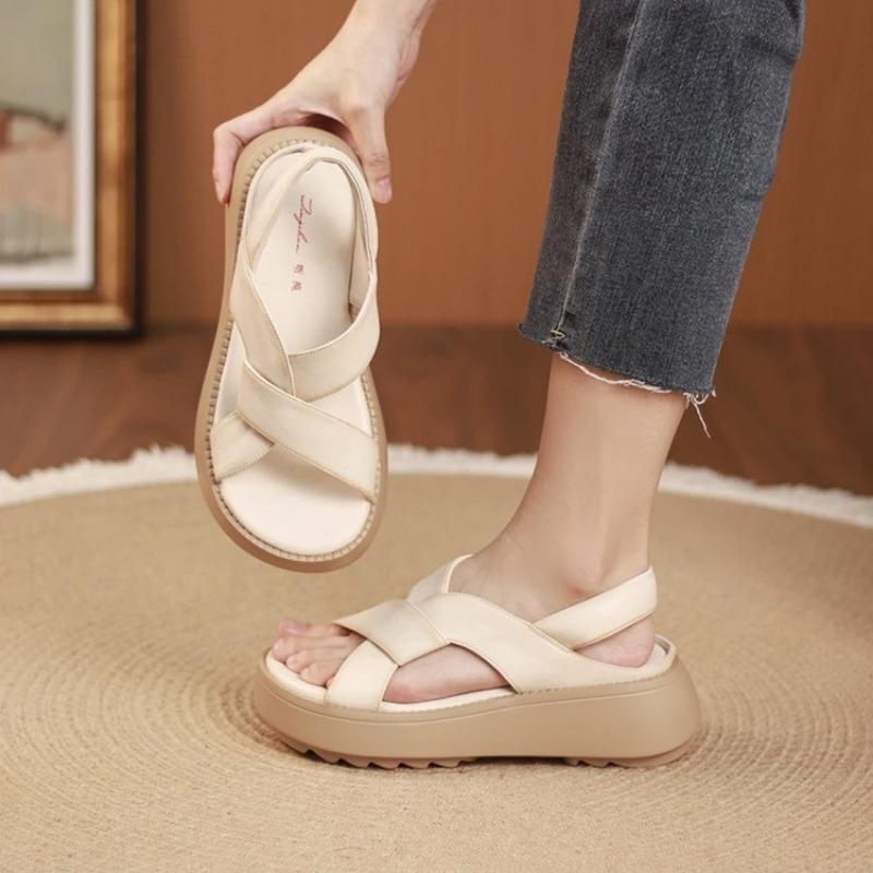 Été nouveau poisson bouche sandales femmes plateforme chaussures mère confortables plates rétro décontractées croisées romaines