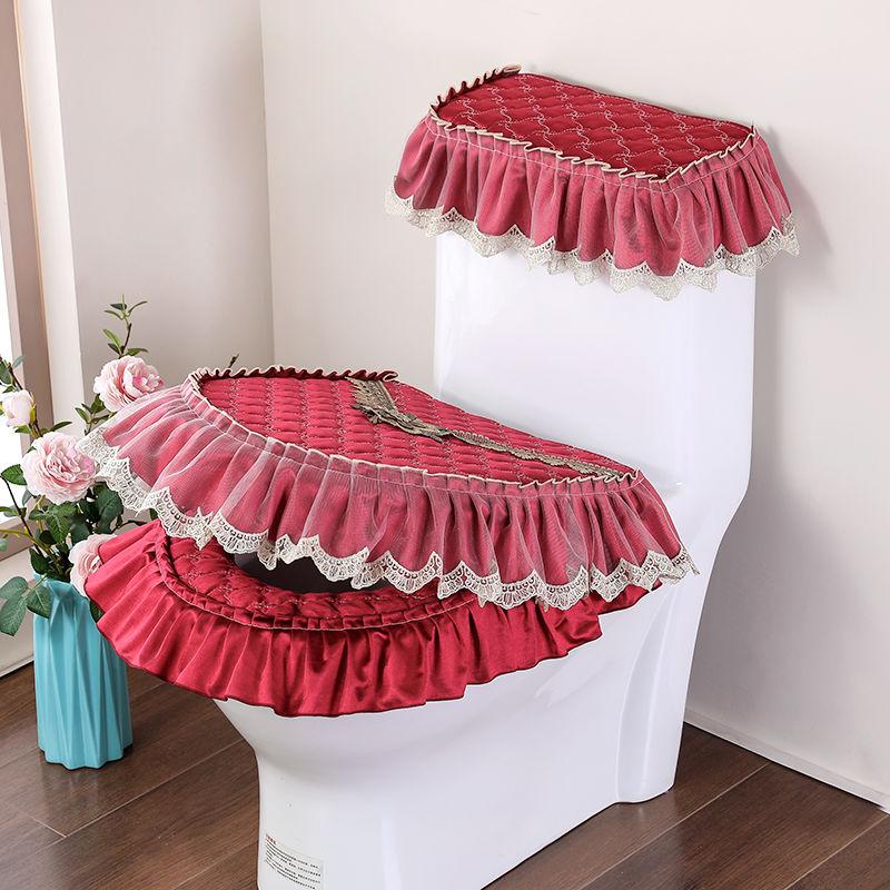 3-teiliges Toilettensitzset aus Stoff mit Spitze, dreiteiliger Toilettensitzbezug aus goldenem Samt, U-förmiger Toilettendeckel mit Reißverschluss und Toilettenständerring