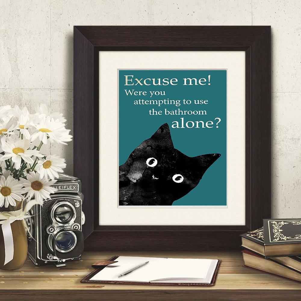 Funny Cat Poster Bathroom Decor Vintage Wall Art Black Animal Excuse Me Quote Retro Canvas Painting Print Room Home Decor
