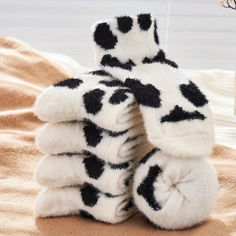 2 Pairs Cute Cow Print Socks for Winter, Warm Plush Mid-Calf Socks for Women, Soft Comfortable Casual & Home Wear, Fashionable G
