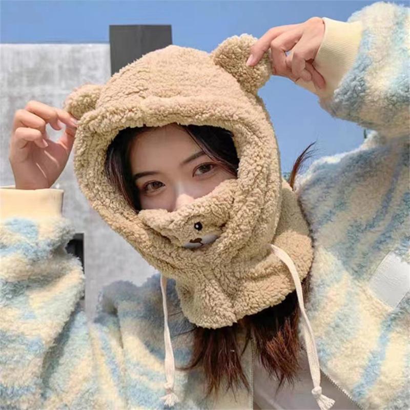 Cute Cartoon Bear Ear Hat Winter Warm Fleece Plush Scarf Hats with Mask Thick Lamb Cap Skullies Beanies Hats for Women Girls