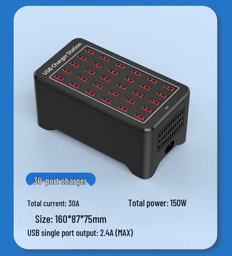150W Multi-Port USB Charger, 1A/2A, with 10, 15, 20, and 30-Port Fast Charging