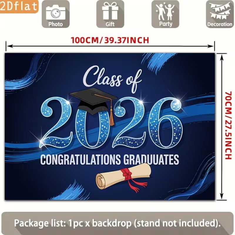 Blue Class of 2026 Graduation Backdrop, "Congratulations Graduates" with Cap and Diploma for Celebration