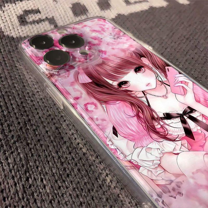 Soft Pink Anime Girl Illustration Phone Case for iPhone 17 16 15 14 13 12 11 16E Series Pro Max Plus Double Layer Protection