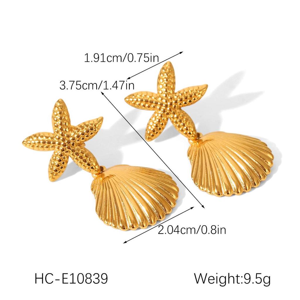 18K Gold Shell Starfish Earrings - European & American Ocean Style, Versatile Colorfast Stainless Steel