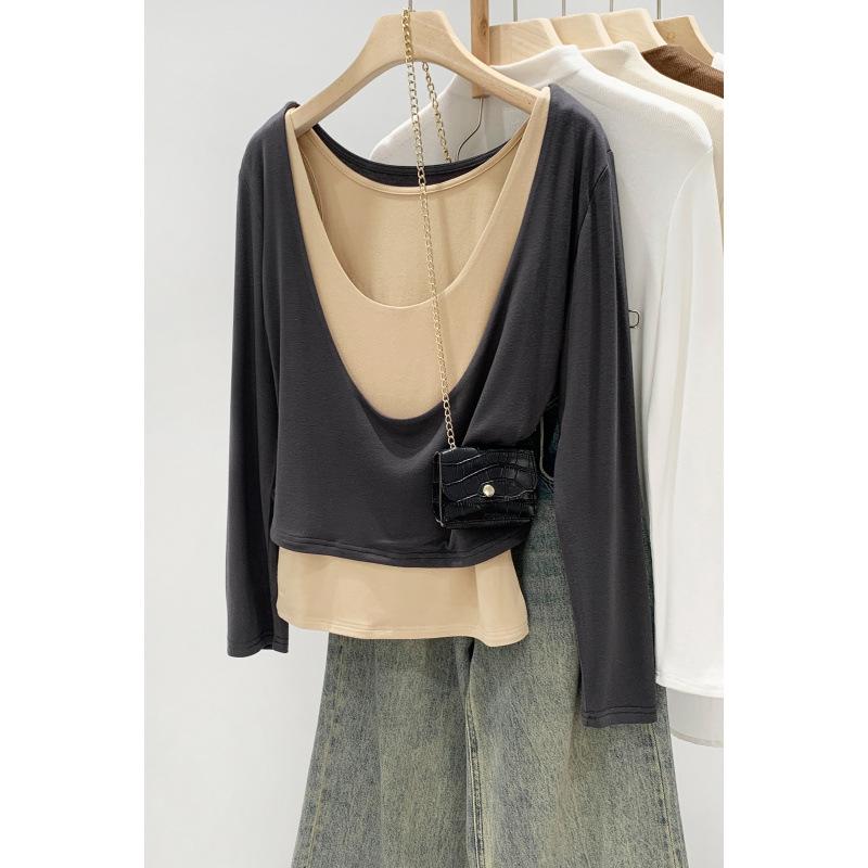 Women's Two-Tone Long-Sleeve Layered T-Shirt: 2026 Autumn/Winter Style, Versatile Inner or Outerwear