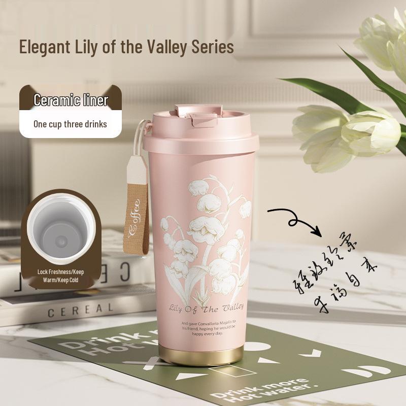 2025 316 Izolovaný hrnek na kávu pro ženy: Elegantní cestovní hrnek s dvojitou stěnou a designem konvalinek
