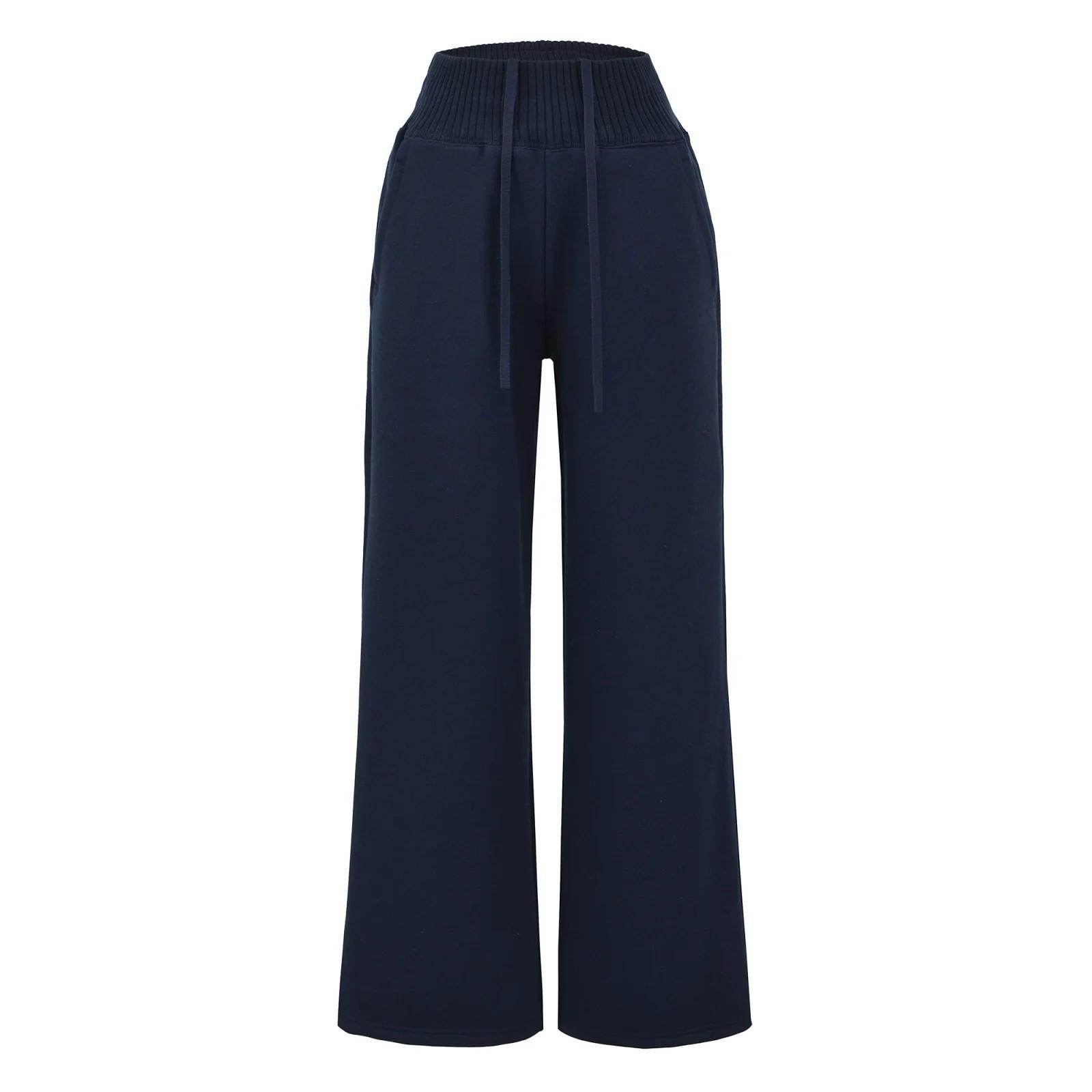 

Women s Spicy Patchwork Knit Waistband Wide-Leg Velvet Pants - Autumn/Winter Slimming Casual Sportswear Medium темно-синий