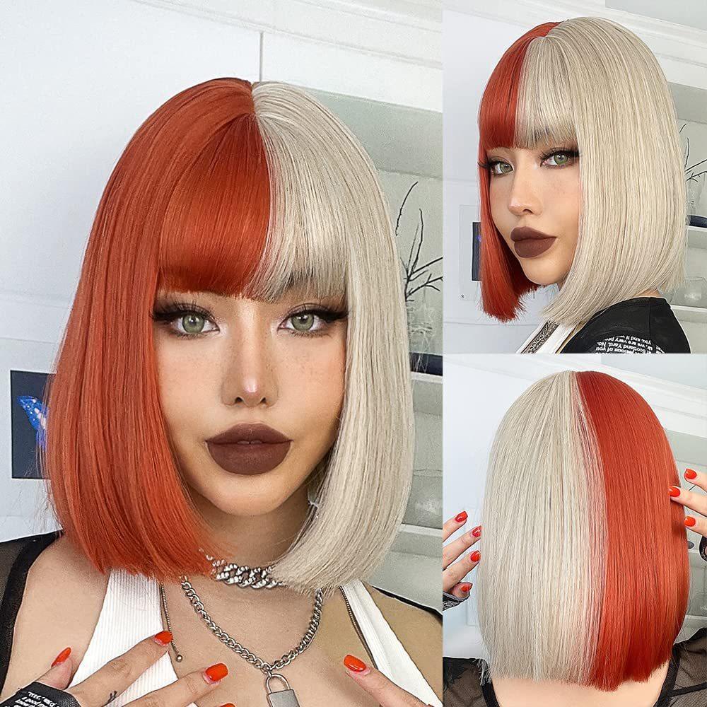 Wig European American Women's Fashionable Synthetic Head Cover Purple Gradient Color Bangs Short Straight Hair Wavy Inner Buckle