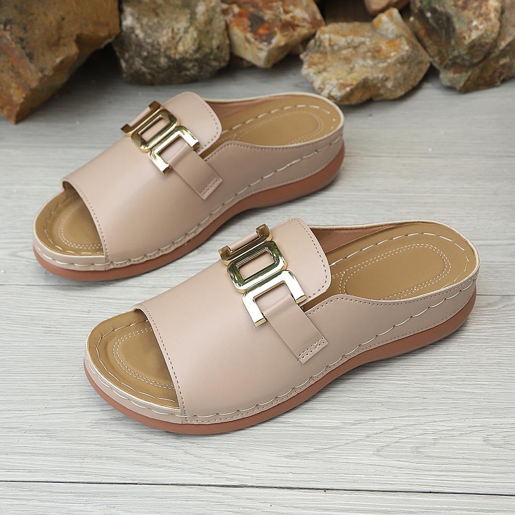 Women's Wide Width Solid Color Slides, Round Toe Chain Detail Mules, European Casual Sandals for Women