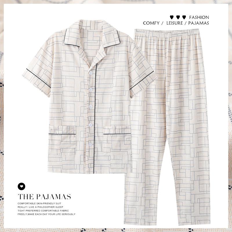 

Новые мужские хлопковые летние брюки с коротким рукавом, пижамы, тонкий домашний костюм L бежевый