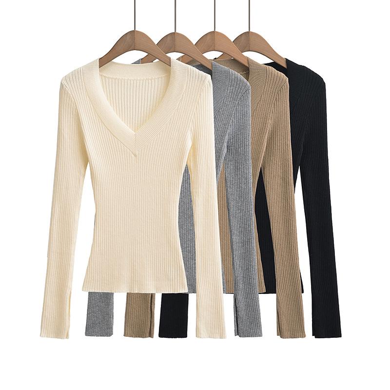 Spicy Girl Deep V-neck Slit Cuff Sweater: Women's 2024 Slimming Autumn Top