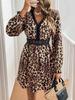 Damen Retro Stil V-Ausschnitt Leopardenmuster Langarm Spitze Patchwork Kleid