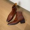 Bootie Women's 2025 New Retro Washed Cowhide Small Square Head Thick Heel Western High Heel Boots British Brown Women's Ankle