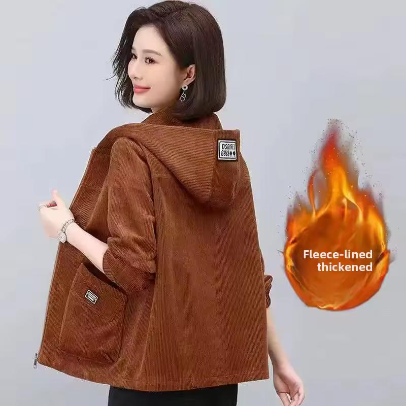 Thickened Corduroy Jacket Women's Casual Fleece-Lined Hooded Sweater Coat Warm Autumn Winter