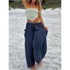 Women Casual High Waist Elastic Pleated Wide Leg Beach Cropped Trousers
