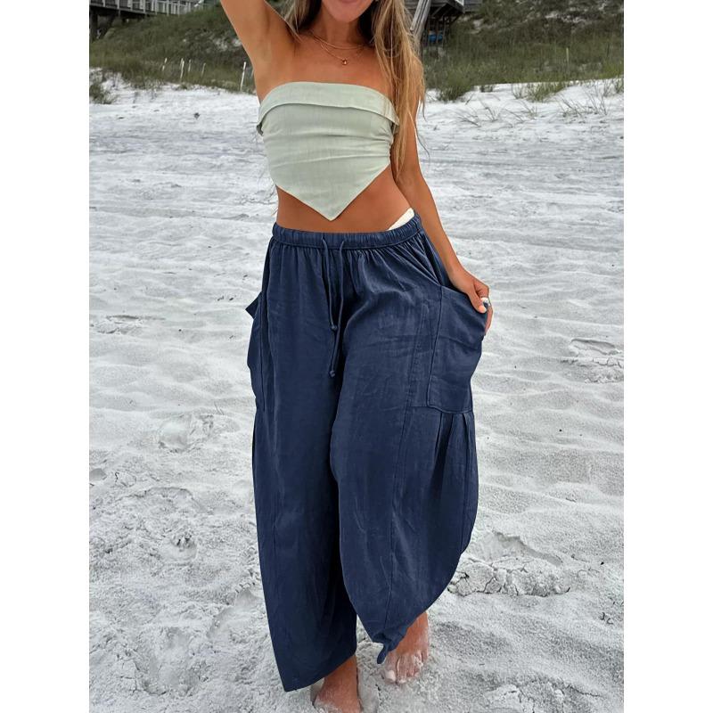 Women Casual High Waist Elastic Pleated Wide Leg Beach Cropped Trousers