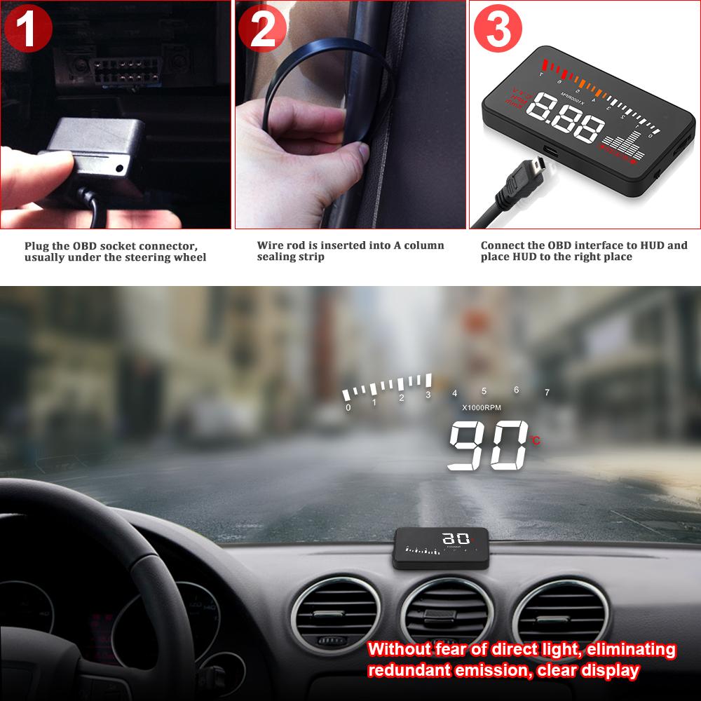 X5 Mașină HUD OBD II Head-Up Display Sistem de avertizare la supraviteză Proiector Parbriz Alarmă electronică de tensiune Indicator de temperatură a apei