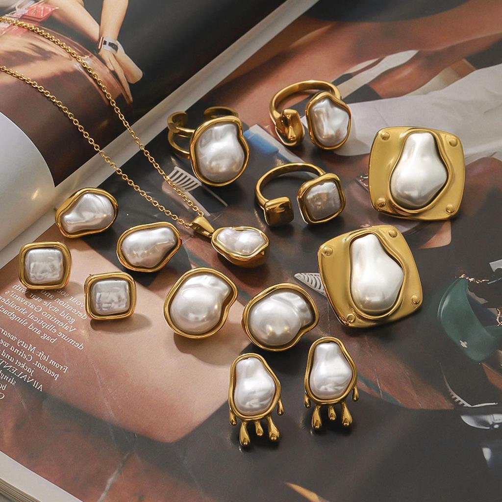 Youthway Elegant Minimalist Stainless Steel Irregular Baroque Imitation Zircon Earrings Necklace Rings Set Women Zircon Gift