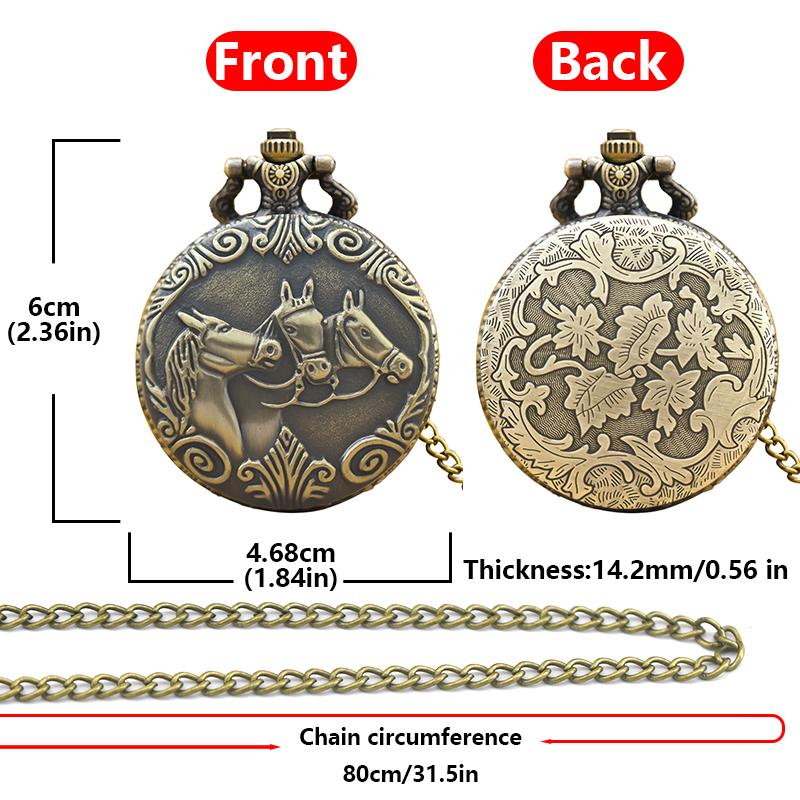 Steampunk Vintage Bronze Quartz Pocket Watch Animal Horse Carved Necklace Pendant Clock Chain Men Women Chain Gift