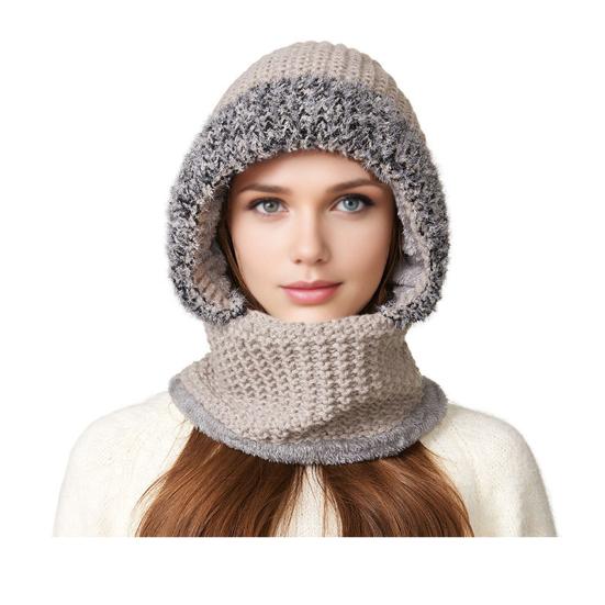Вязаная шапка 3 в 1 однотонная с плюшевой отделкой, бархатной подкладкой, зимняя шапка, шарф, набор для защиты лица, ветрозащитный флис с подкладкой, головной убор