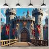 One Medieval Castle Stone Bridge Banner - Large, Durable Background, Featuring Knight Flags and a Retro Style of Towers