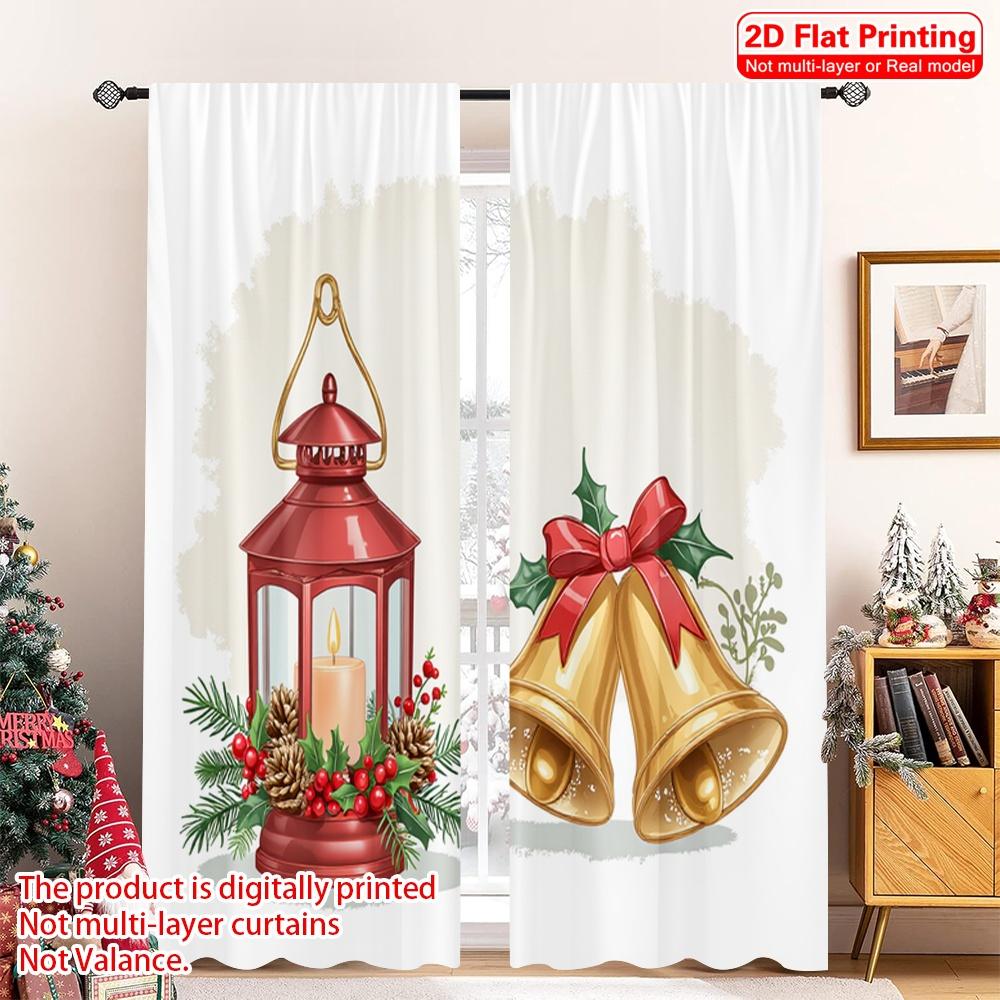 

2pcs 2D flat printing Christmas Window Curtains Christmas Bell Pine Lantern Fabric Without Electricity Birthday Party Perfect 52.50×116.00 CM 2pcs