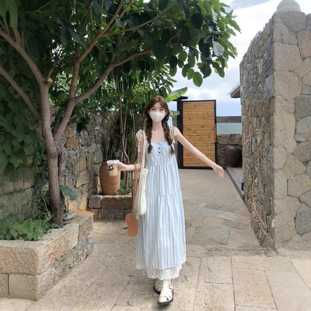 Women's Seaside Striped Camisole Dress - French Style Summer 2026, Loose Fit, Petite Long Dress