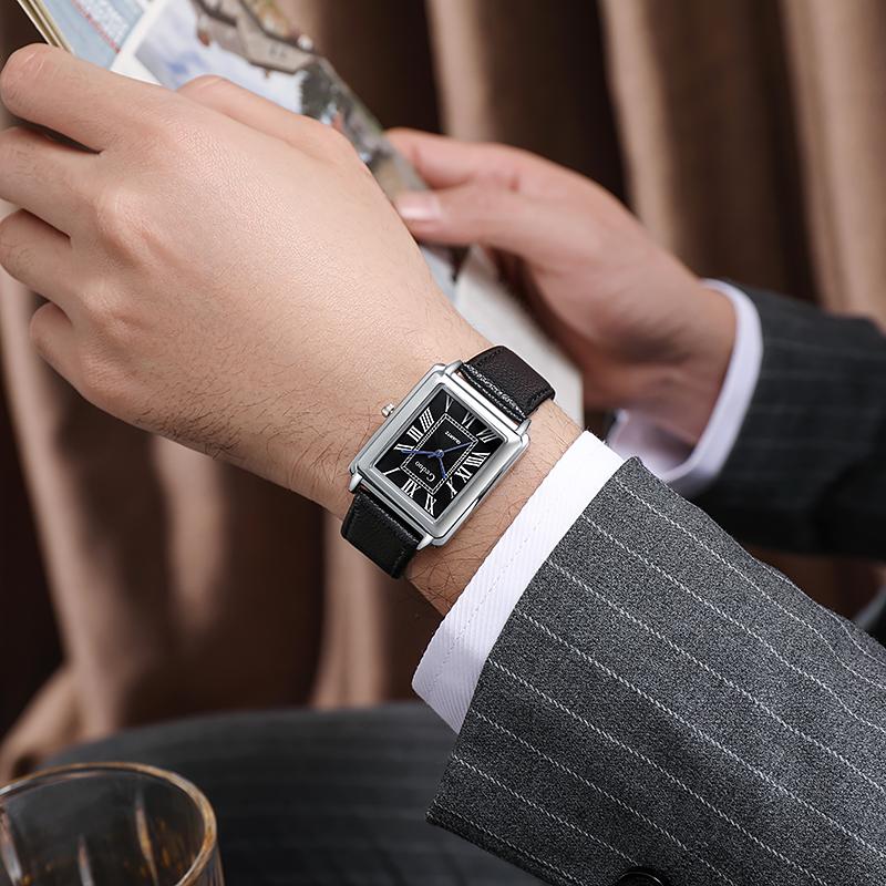 Herren Retro Quadratische Quarz Uhr, Römische Ziffern Lederarmband Armbanduhr für Business Casual