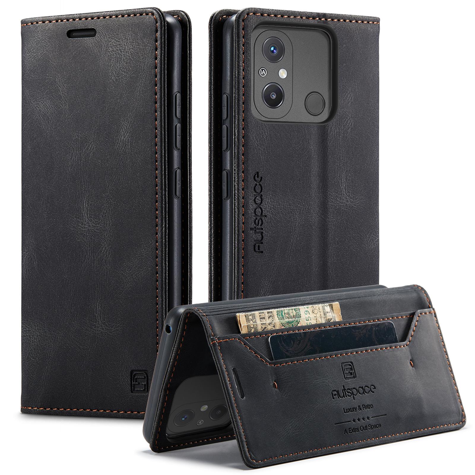 

For Xiaomi Redmi 12C 4G Wallet Case AUTSPACE A01 Leather Stand Cover with RFID Blocking Card Holder Black
