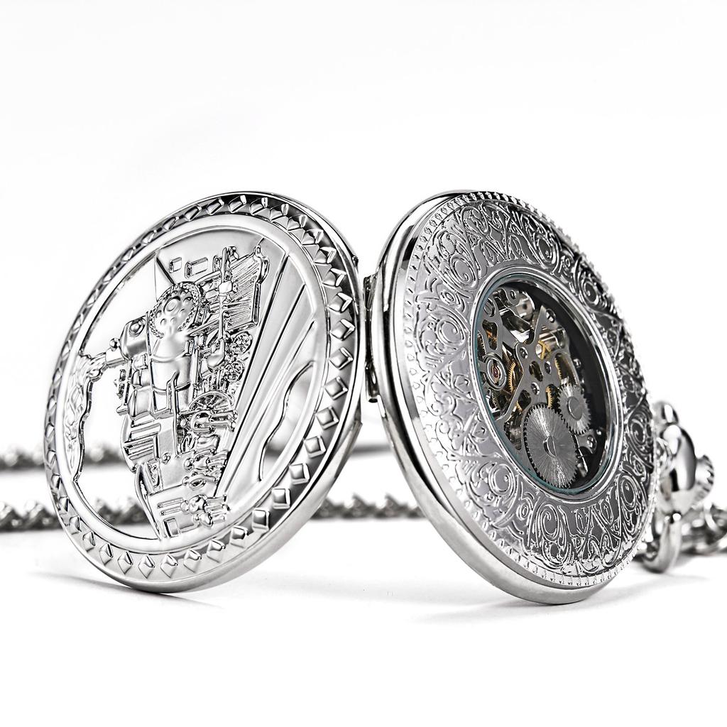 TREEWETO Mechanische Taschenuhr Antik Römisch mit Kette, Eisenbahn-Thema Skelett, Ziffern, Silber,