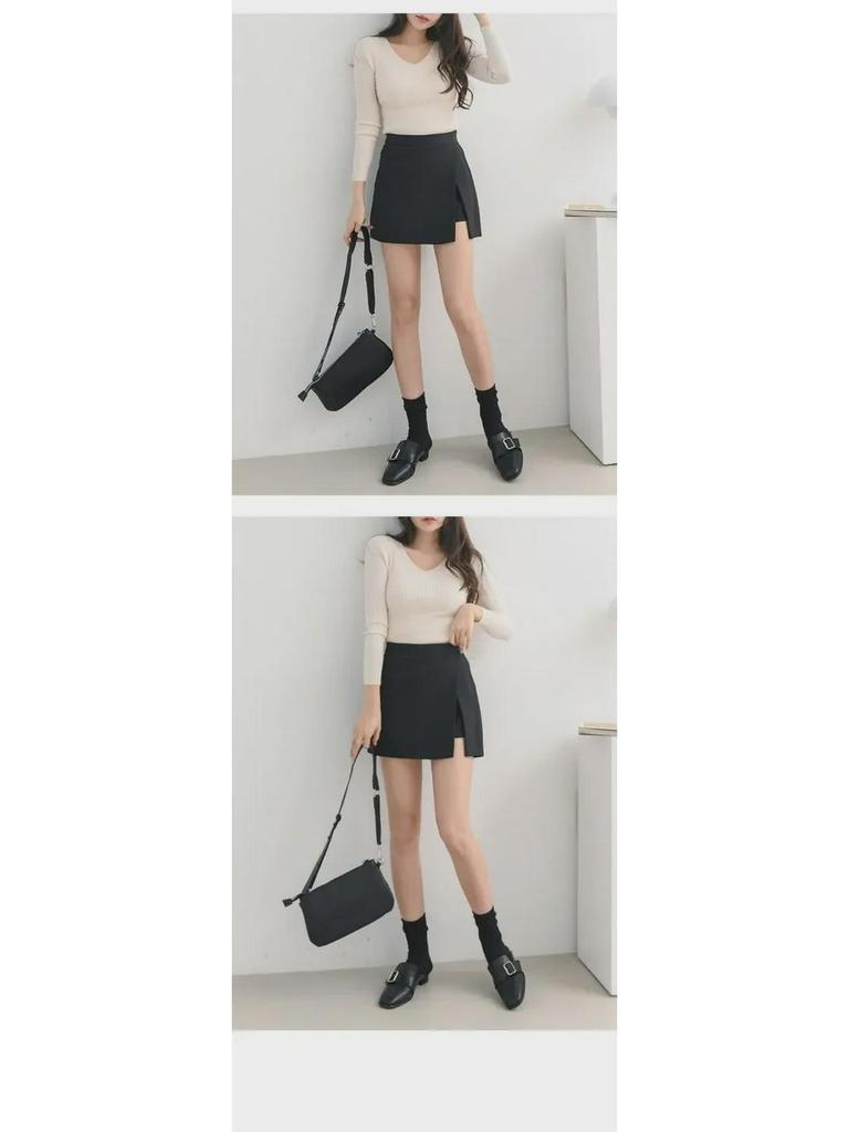 2022 Women's Black High Waist Slim A-Line Skirt Pants with Slit